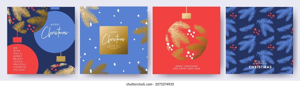 Merry Christmas and Happy New Year Set of greeting cards, posters, holiday covers. Elegant Xmas design in blue, red and gold colors with hand drawn pine branches, Christmas ball and brush painted snow