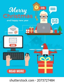 Merry Christmas and Happy New Year concept design flat. Drones with Santa's hat delivering Christmas gifts. Santa mail, online greeting. Vector illustration
