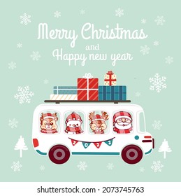 Merry Christmas and Happy new year greetings 2022 template with Cute santa riding Christmas School Bus . 