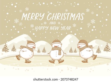 Merry Christmas and happy new year winter vector landscape with snowman  ice skating on snow. Vintage nature background banner.