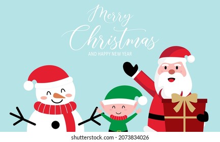 Merry christmas and happy new year greeting card with cute santa claus and deer