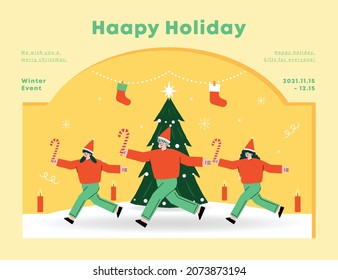 
Merry Christmas and Happy New Year! Christmas people and landscape illustrations. Decoration and Tree. frame, poster, vector illustration.
