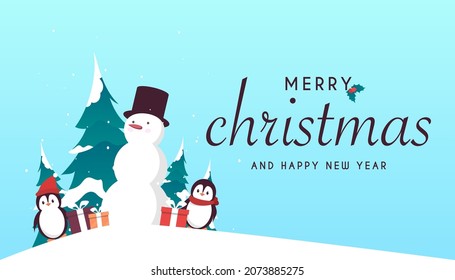 Merry Christmas and Happy New Year 2022 background. Merry Christmas cute animals. Christmas snowman and penguins. Vector illustration.