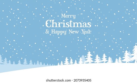 Merry Christmas and Happy New Year with winter landscape background, snowflakes, snowfalls and tree. Merry Christmas card. Vector Illustration for backdrop, banner, poster, newsletter, advertisement.