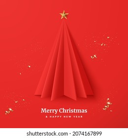 Merry Christmas and Happy New Year minimalistic greeting card. Decorative Christmas tree folded of paper with a gold star on top. 3d style. Winter holidays poster design. Vector illustration.