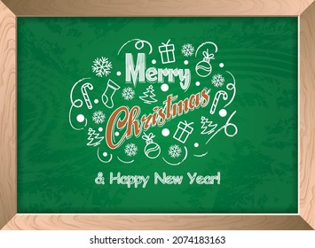 Merry Christmas and Happy new year text on chalkboard. Vector illustration