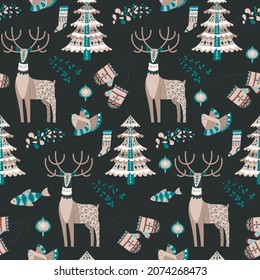 Merry christmas and happy new year celebration. Deer animal and bird, flying bird and fish, knitted gloves. Seamless pattern, background or print for xmas winter holiday. Vector in flat style