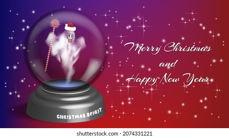 Merry Christmas and Happy New Year. A bright festive blue and red starry poster with a souvenir transparent ball, a cheerful ghost in a Santa Claus hat and a staff