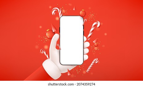 Merry Christmas and Happy New Year banner. Vector illustration with  Christmas composition. Hand of Santa Claus holds smartphone and shows blank screen. Happy New Year card with mobile device.