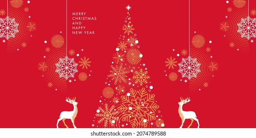 Merry Christmas And Happy New Year Greeting Card, Poster, Holiday Cover. Xmas Design With Beautiful Snowflakes In Modern Line Art Style On Red Background. Christmas Tree, Deer, Border Frame, Decor