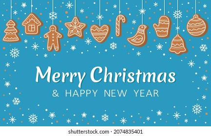 Merry Christmas and Happy New Year card. Winter background. Hanging gingerbread cookies on blue background with snowflakes. Festive template with Christmas gingerbread. Modern vector illustration.