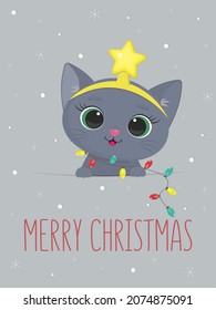 Merry Christmas and Happy New Year greeting card. A cute kitten of the British breed in a headband with a star and a garland on a background of snowflakes. Cartoon, flat style, vector.