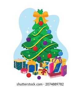 Merry Christmas and Happy New year concept with decorated Xmas tree, ribbons, stars and gift boxes. Cartoon holiday design for greeting card, flyer, business, invitation.Flat style vector illustration