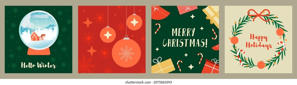 Merry Christmas, Happy New year, Winter holidays greeting cards collection. Trendy square art templates with snow glob, gift boxes and xmas decor. Snowflake vector illustration