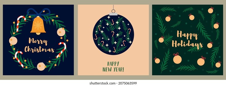 Merry Christmas, Happy New year, Winter holidays greeting cards collection. Trendy square art templates with Xmas wreath and decor. Snowflake vector background illustration	