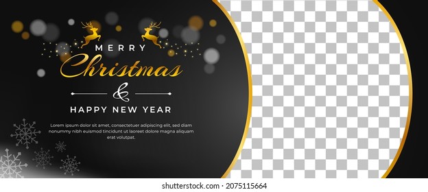 Merry Christmas and Happy New Year banner template design. Editable modern horizontal banner with place for the photo.