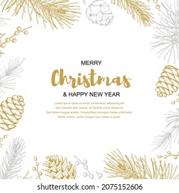 Merry Christmas and happy New Year greeting card with floral elements. Hand drawn vector illustration
