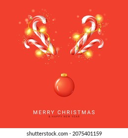 Merry Christmas and Happy New Year card. Vector illustration with candy canes, Christmas red ball, sparkling garlands and confetti on red background. Happy New Year banner.