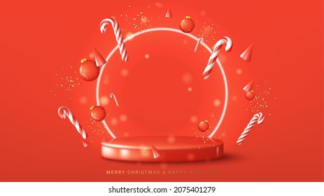 Merry Christmas and Happy New Year banner. Christmas vector illustration with red podium and festive composition with neon circle on background. Happy New Year card with 3d realistic elements.