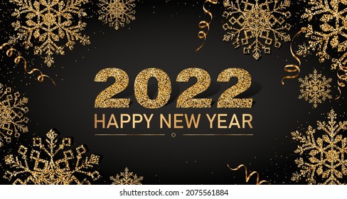 Merry Christmas and Happy New Year banner. Greeting card or invitation with golden print with abstract big and small gold snowflakes, tinsel. Festive luxury decoration. Vector illustration