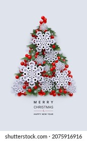 Merry Christmas and Happy New Year greeting card with snowflakes over holly berries and leaves. Beautiful paper layered snowflakes on a light background
