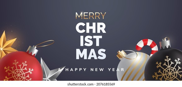 Merry Christmas and Happy New Year banner design with decorative christmas baubles and stars isolated on dark background. Festive border. Ideal for invitation, greeting card, header. Vector eps 10