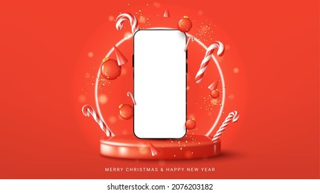 Merry Christmas and Happy New Year banner. Christmas vector illustration. Smartphone with blank screen stands on red podium with neon circle on background. Happy New Year card with mobile device.