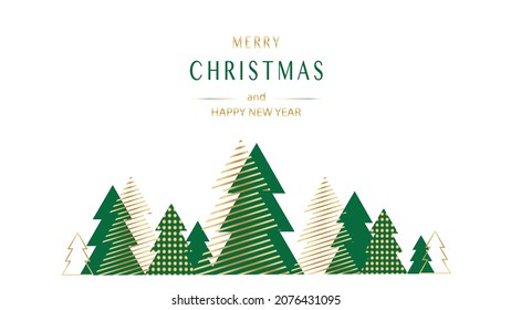 Merry Christmas and Happy New Year greeting cards, posters, holiday covers. Designer Christmas triangular Christmas trees of green and gold color.