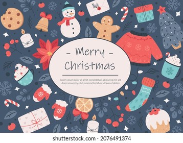 Merry Christmas and Happy New Year greeting card. Christmas elements. Vector illustration