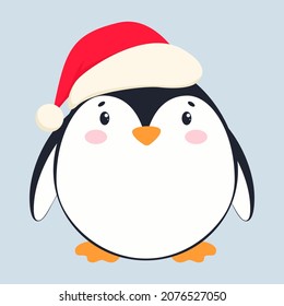Merry Christmas and Happy New Year. Children's illustration with a penguin. Cute penguin in santa hat isolated on white background.