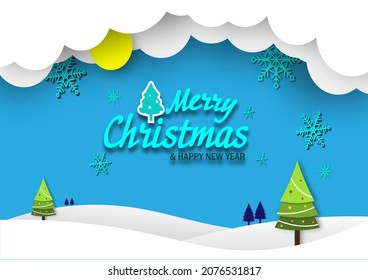 Merry Christmas and Happy New Year  background, web banner illustration of paper cut xmas pine tree frame with geometric art deco style element for elegant holiday celebration.