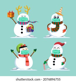 Merry christmas and happy new year with life in new narmal from coronavirus. Snowman character with masks in various poses and emotions for Holiday card, invitations and website celebration decoration