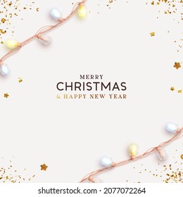 Merry Christmas and Happy New Year. Xmas background realistic design decoration light garlands, gold glitter confetti. Christmas poster, holiday banner, flyer, stylish brochure, greeting card.