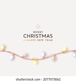 Merry Christmas and Happy New Year. Xmas background realistic design decoration light garlands. Soft pastel colors. Minimal Christmas poster, holiday banner, flyer, stylish brochure, greeting card.