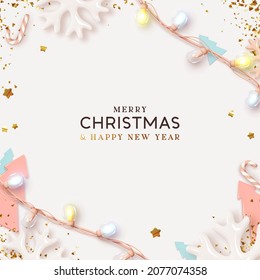 Merry Christmas and Happy New Year. Background Xmas design realistic decoration light garlands. Flat lay top view. Christmas poster, holiday banner, flyer, stylish brochure, greeting card.