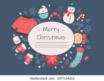 Merry Christmas and Happy New Year greeting card. Christmas elements. Vector illustration