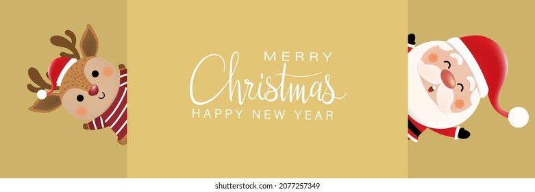 Merry Christmas and happy new year 2022 greeting card with cute Santa Claus and deer. Holiday cartoon character in winter season. -Vector