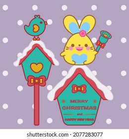 Merry Christmas, Happy New Year text, greeting card, holiday, celebration, invitation. Happy cute bunny hold bell, adorable bird, on roof of house, kawaii animal cartoon smile doodle vector design.