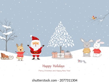 Merry Christmas and happy new year greeting card with Santa Claus and friends happy on winter,vector illustration