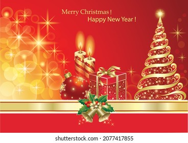 Merry Christmas and Happy New Year greeting card. Christmas tree with gift, ball and candles on a glowing red background decorated gold ribbon with bells. Vector illustration