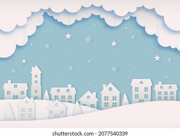 Merry christmas and happy new year paper cut card on blue background. vector illustration.