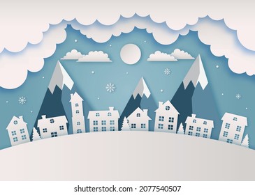 Merry christmas and happy new year paper cut card on blue background. vector illustration.