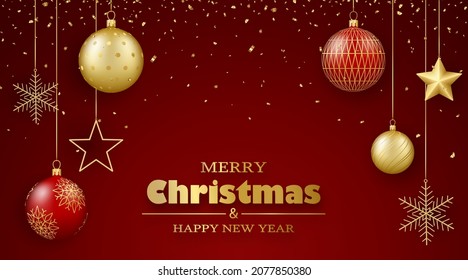 Merry Christmas and Happy New Year background. 3D realistic red and gold balloon, garlands and confetti. Vector illustration.