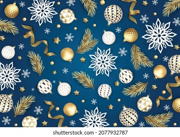 Merry Christmas and Happy New Year. Xmas Festive background with realistic 3d objects, blue and gold balls.