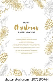 Merry Christmas and happy New Year vertical greeting card with floral elements. Hand drawn vector illustration