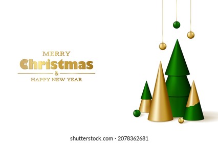 Merry Christmas and Happy New Year background. 3D realistic gold and green decorative Christmas trees and garlands on a white background. Vector illustration.