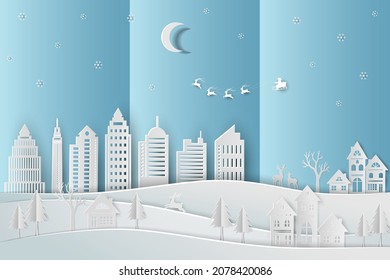 Merry Christmas and Happy New Year greeting card with Santa Claus coming to city on paper art background,vector illustration