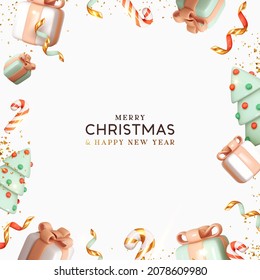 Merry Christmas and Happy New Year gift card. Xmas Holiday Background. Realistic 3d design, frame border with gift boxes, golden confetti, conical blue Christmas trees. Vector illustrator