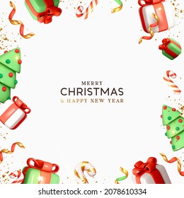 Merry Christmas and Happy New Year gift card. Xmas Holiday Background. Realistic 3d design, frame border with gift boxes, golden confetti, conical green Christmas trees. Vector illustrator