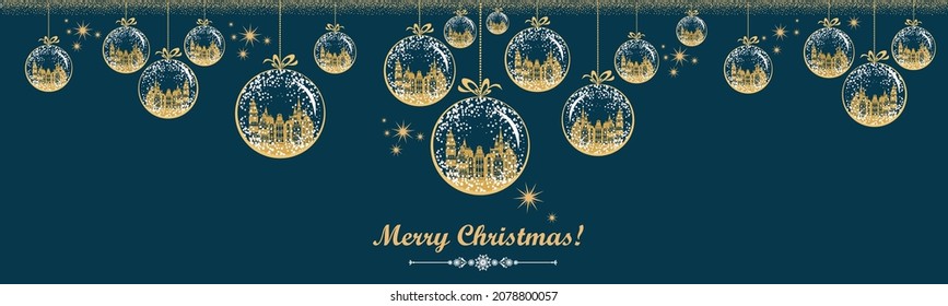 Merry Christmas and Happy New Year! Vector cute illustration of a festive Christmas balls, night winter city. Drawing for card, calendar, poster, background, Flyers, invitation, brochure or banner.
